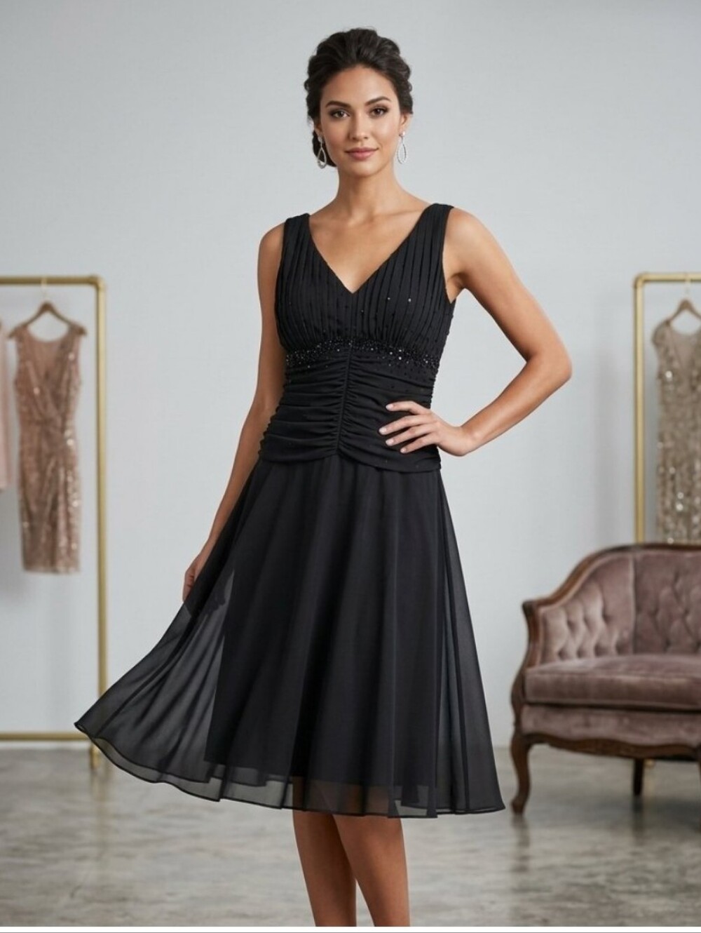 JS Boutique Black V-Neck Ruched Sleeveless Evening Dress Sz 12